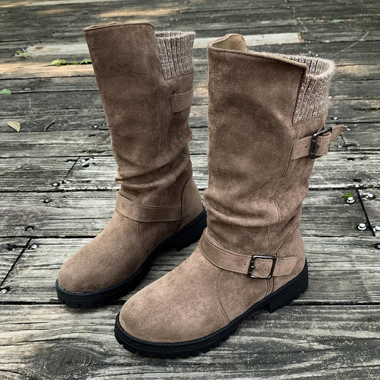 Women’s RanchWrap Buckle Mid-Calf Suede Boots – Knit Cuff Western-Style Slouchy Shoes
